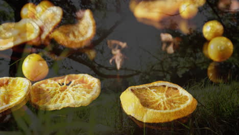 oranges sliced and whole with animation in nature, trees and grass surrounding