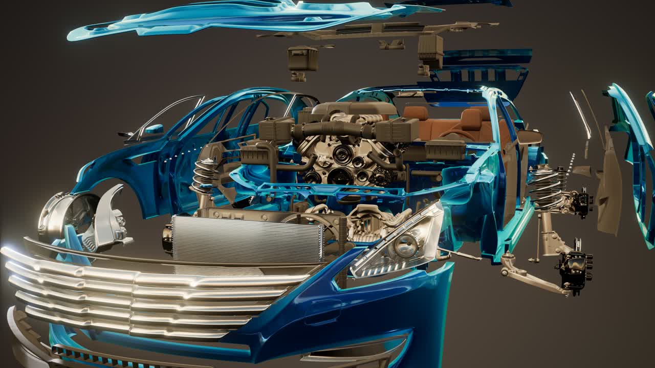 눈에 띄는 부분이 있는 분해된 자동차