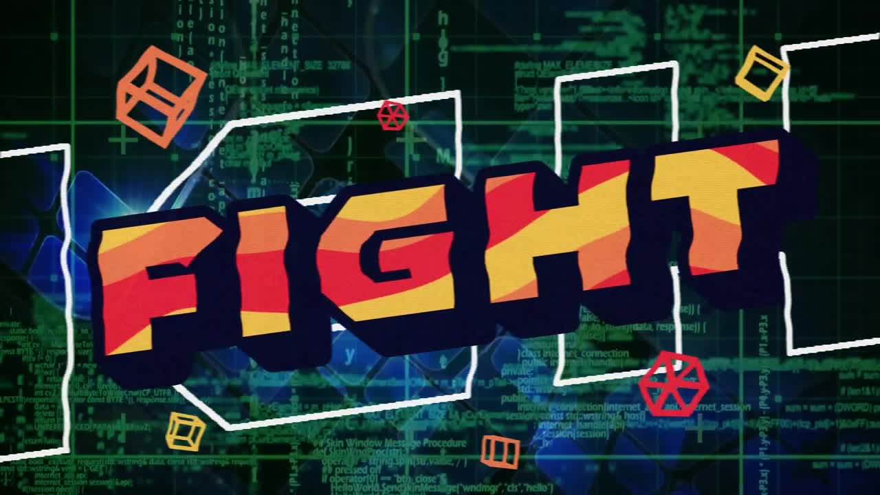 검은색 배경에서 모양과 데이터 처리에 대한 싸움 텍스트의 애니메이션