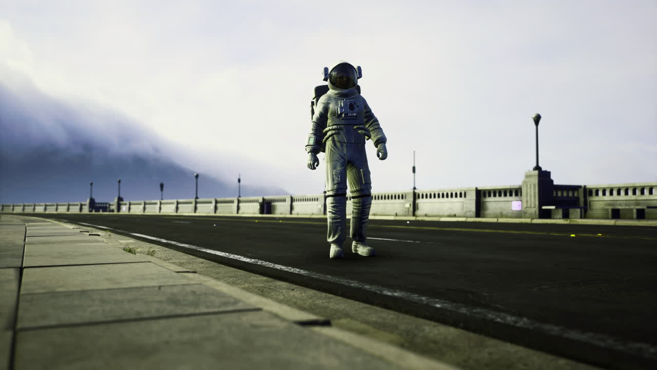 Astronaut explores empty road under cloudy sky during dawn