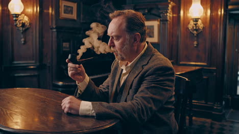 man smoking pipe in a vintage pub