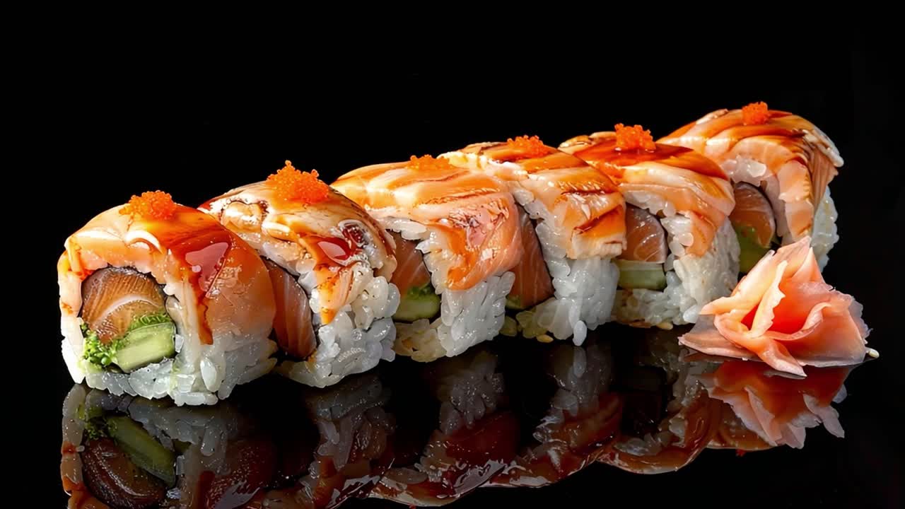 Close-up of Delicious Salmon Sushi Rolls with Pickled Ginger on a Reflective Black Surface