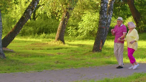 Feliz-Abuelo-De-Familia-Elegante-Senior-Disfrutando-De-Una-Cita,-Bailando,-Caminando-En-El-Parque-De-Verano