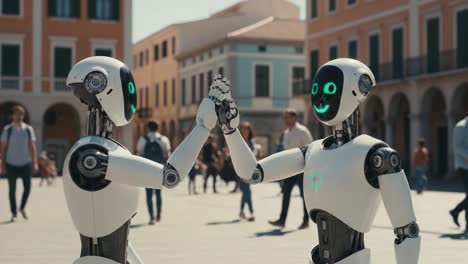 exploring robotics: friendly androids engage in playful interaction amidst a vibrant city square, showcasing advanced ai and human-like expressions
