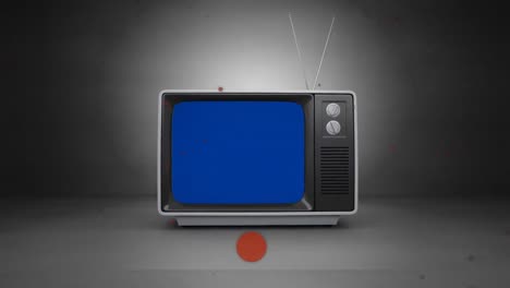 Animation-of-abstract-shapes-moving-in-seamless-loop-over-retro-tv-set-on-blue-background