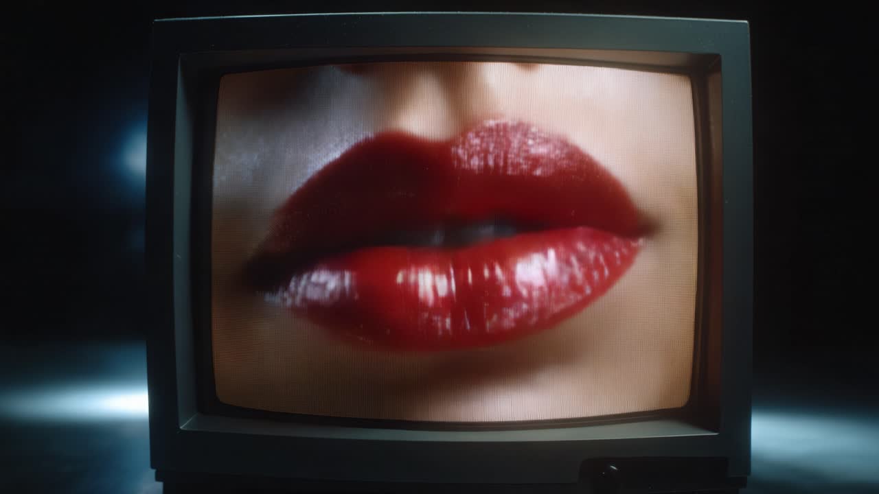Primi piani di labbra voluttuose catturate su uno schermo vintage, che evidenziano la lucentezza rossa brillante e l'espressione sensuale in un'atmosfera scura.