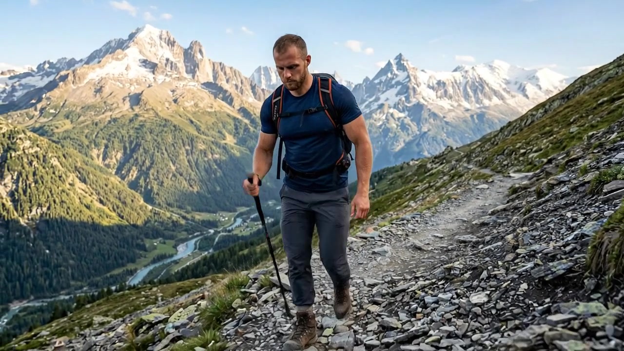 Uomo in escursione su un sentiero di montagna roccioso con vista alpina panoramica