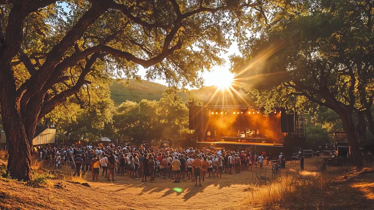Crowd Enjoying Music Festival at Sunset