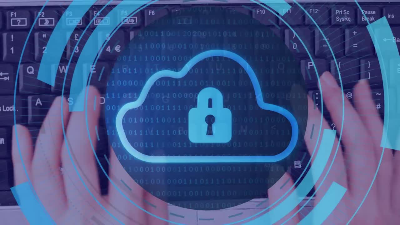 Animation of digital clouds with padlock over hands of caucasian woman typing on laptop