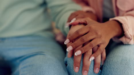 Couple,-closeup-and-holding-hands-in-home