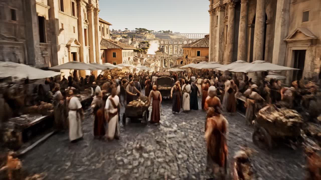 Aerial View of a Roman City with Aqueduct
