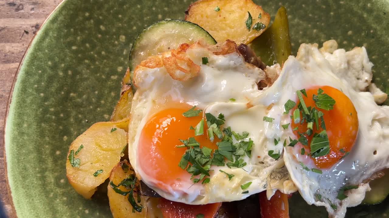 Eating fried eggs with vegetables and potato close up