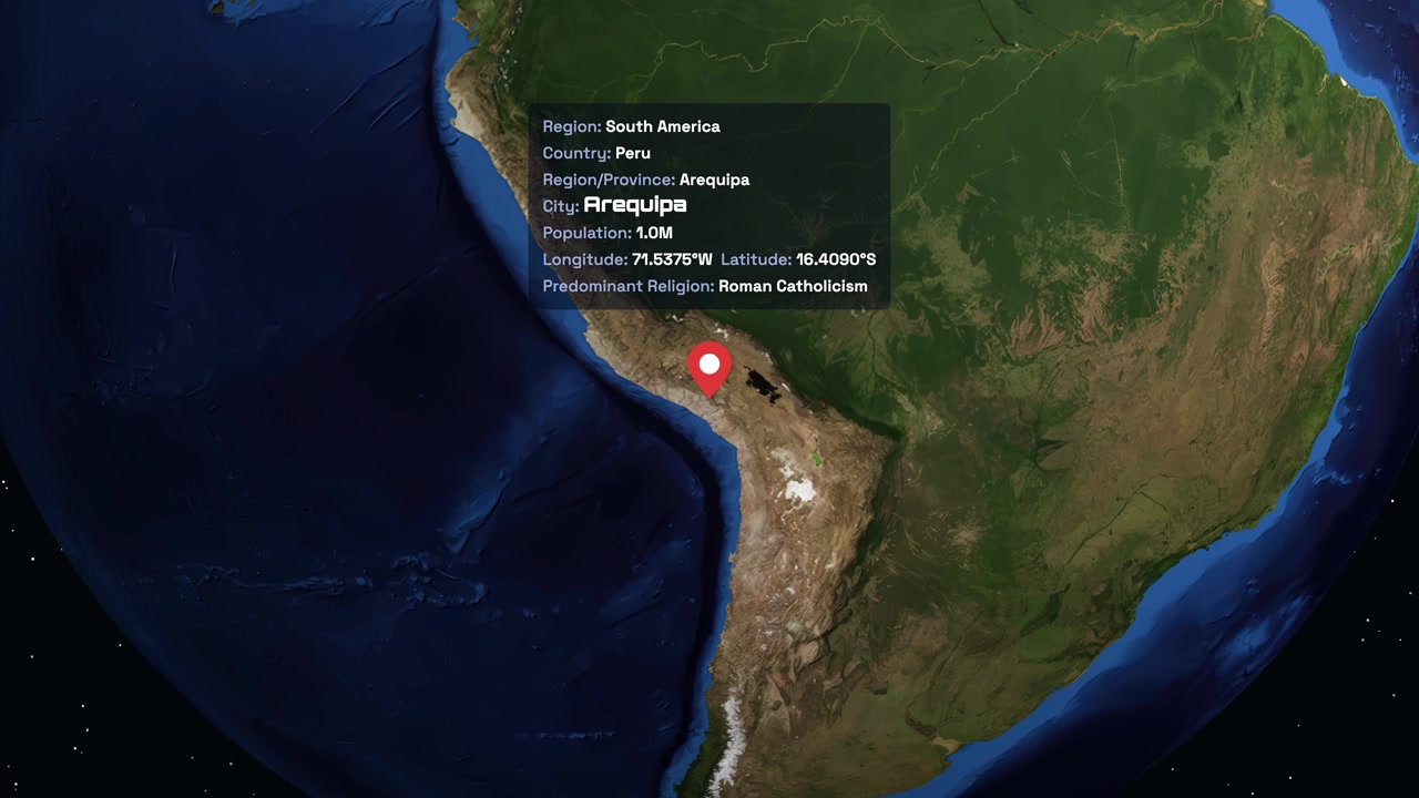 Earth rotates in space before zooming into South America to highlight Arequipa Peru location
