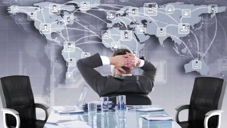 rear view of businessman looking at tech interface