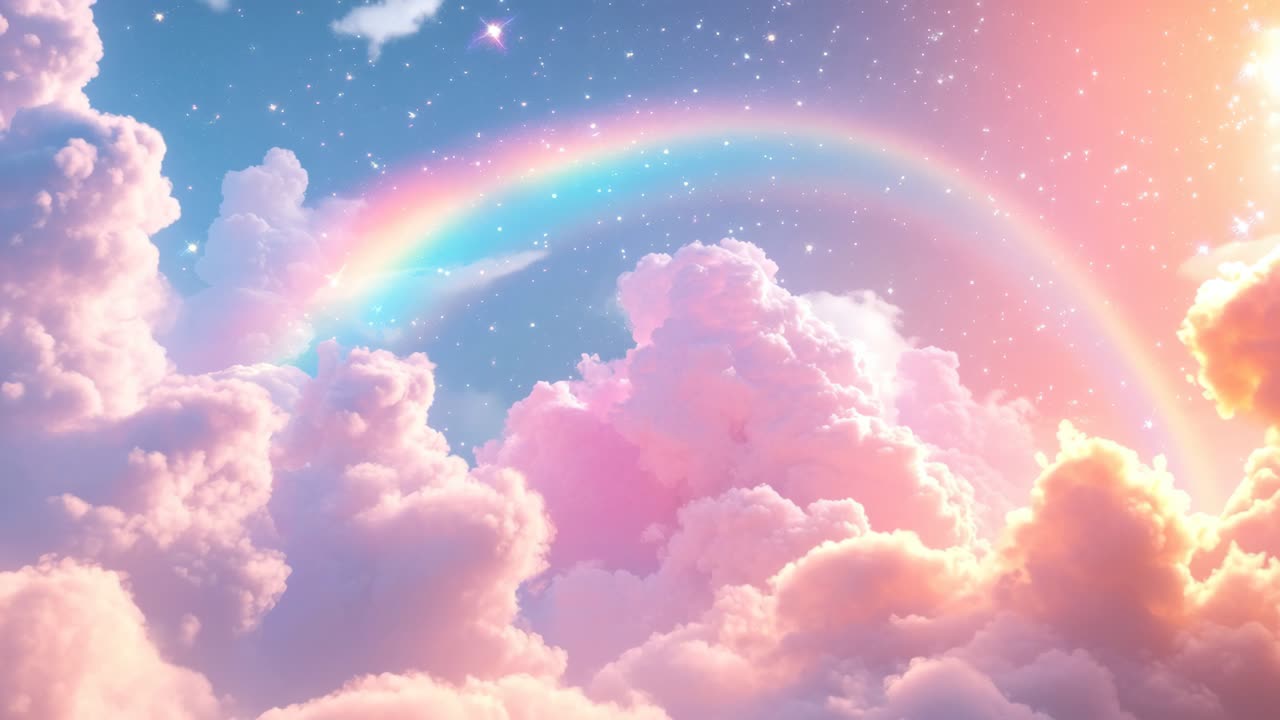 A dreamy, ethereal sky with a rainbow and fluffy clouds at sunset