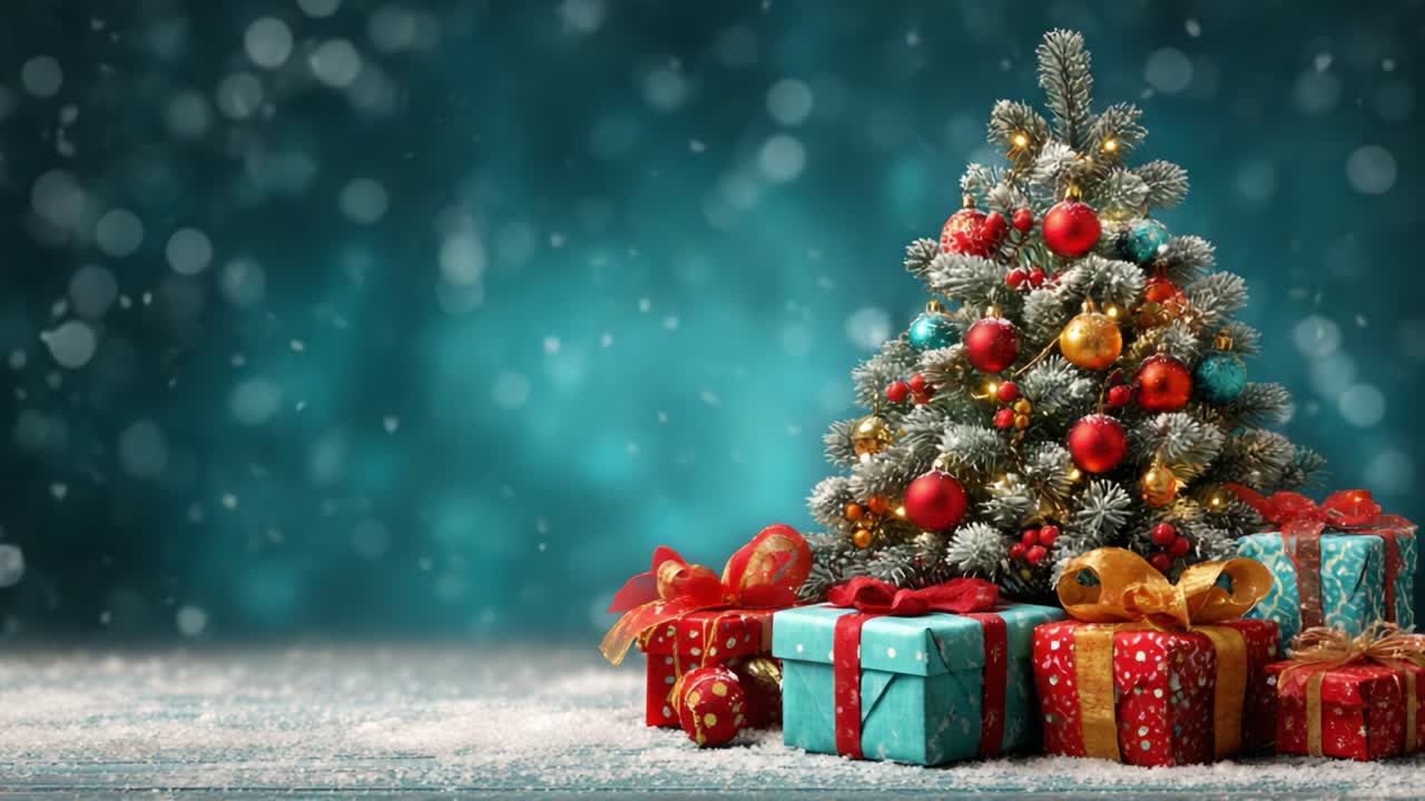 Un albero di Natale decorato a festa circondato da regali splendidamente incartati su uno sfondo blu innevato, per creare una magica atmosfera natalizia