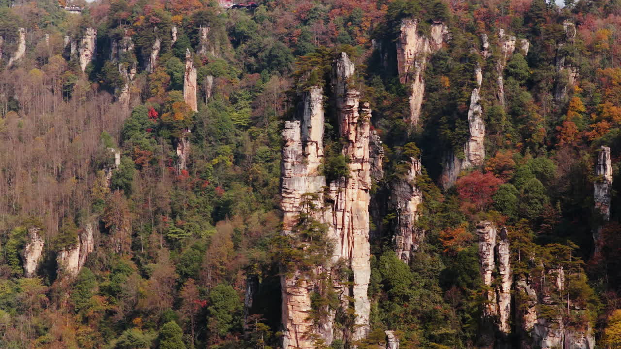 Iconiche formazioni rocciose a pilastro nell'eccezionale paesaggio del Parco forestale nazionale di Zhangjiajie in Cina. Ripresa aerea