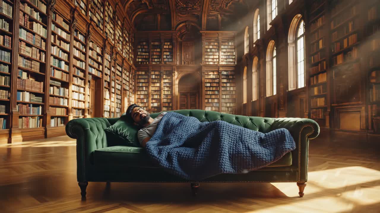 Man sleeping on a couch in a library