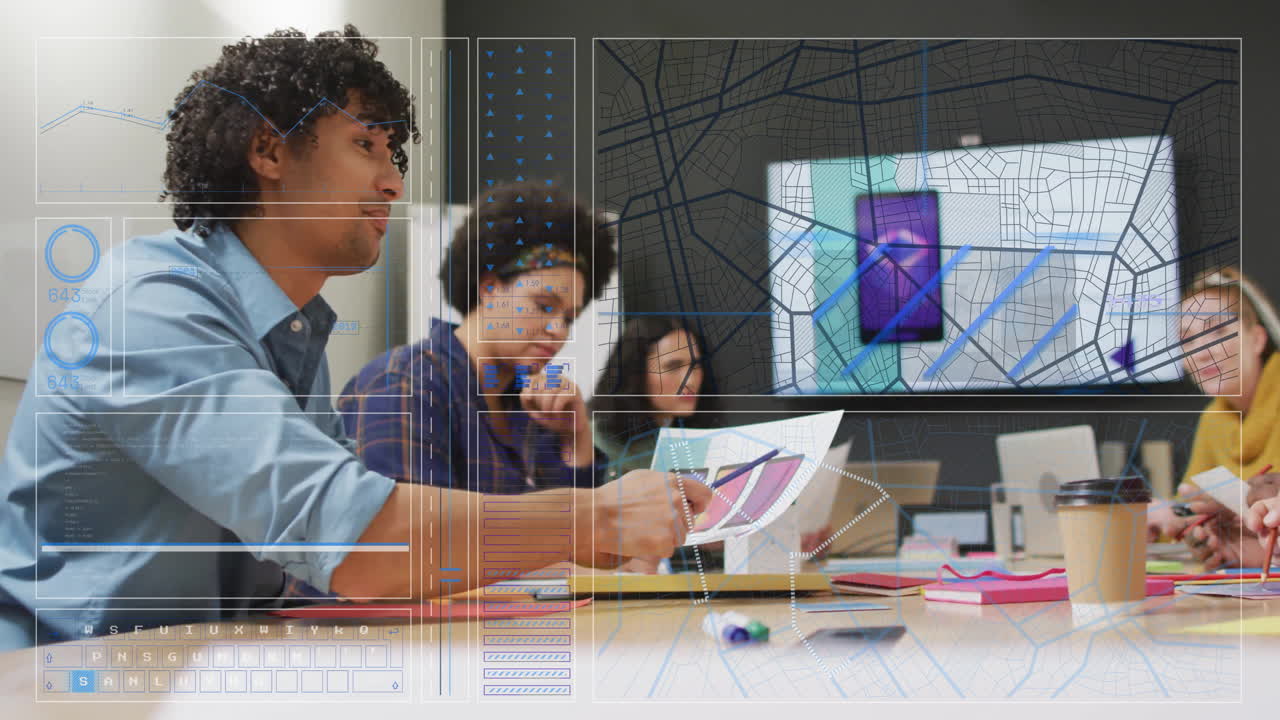 análisis de datos y animación de gráficos en diversos equipos en la sala de reuniones