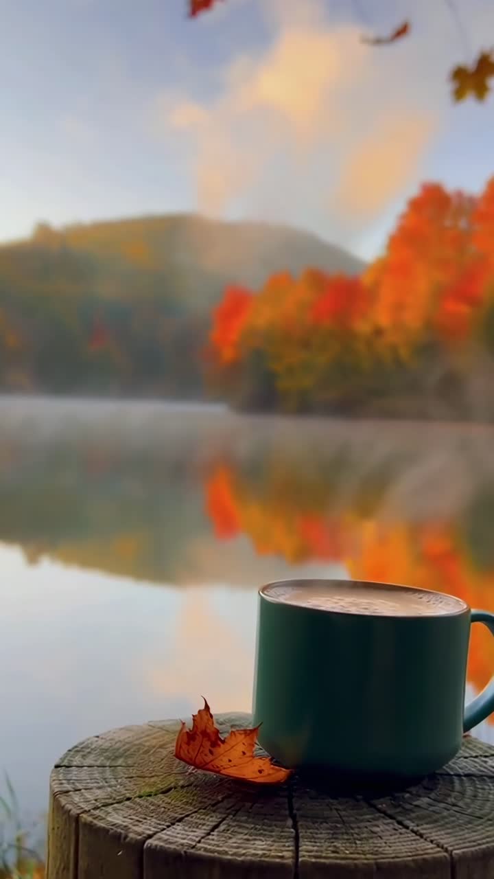 Agradable escena otoñal con una taza sobre un tocón junto a un lago. El ángulo bajo captura un follaje vibrante Ideal