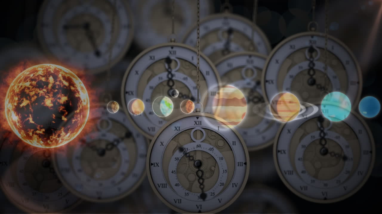 태양계, 행성 및 공간의 애니메이션 시계의 타이킹