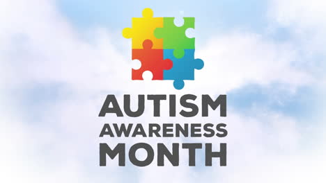 animation of words autism awareness month over clouds on blue sky