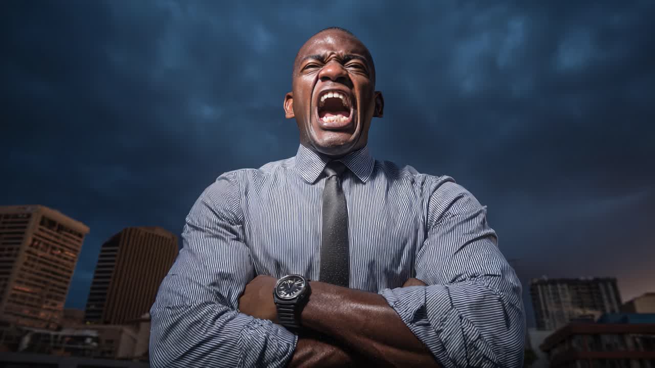 Un'espressione potente di emozione: un uomo che urla con intensità contro un cielo drammatico, catturando l'energia pura e la passione in questo momento straordinario