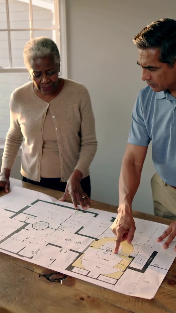 Vertical video: Pointing architect and cardigan homeowner leaning over plan at home tracing layout
