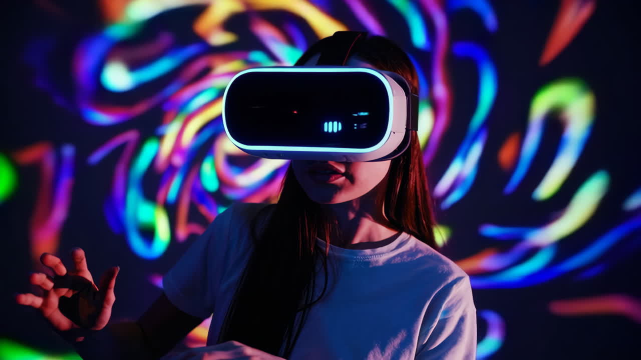 Woman Experiencing Virtual Reality with Colorful Abstract Background