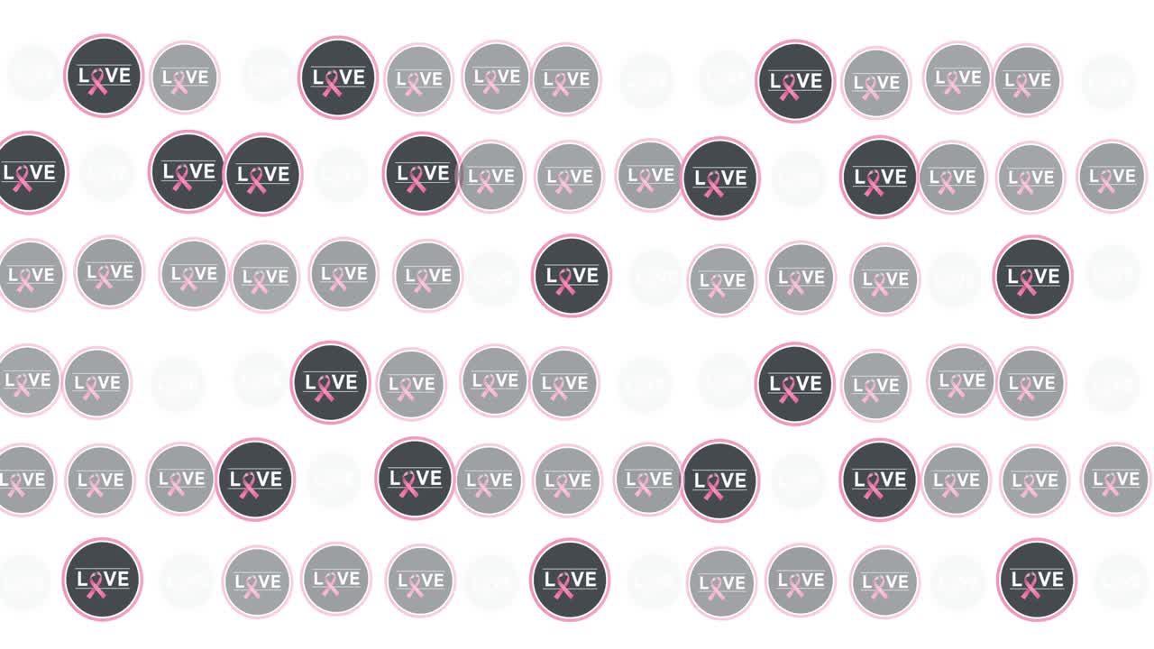 animación de múltiples logotipos de cinta rosa y texto de cáncer de mama que brilla sobre un fondo blanco