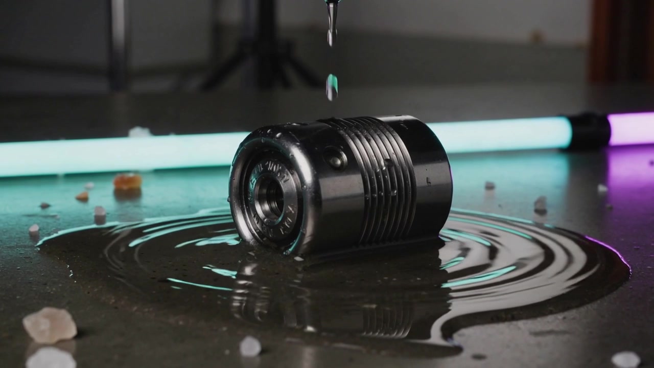 Dripping nozzle forming ripples on tabletop puddle, metal cylinder mirroring LED tube