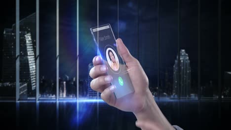 teléfono móvil futurista en la mano contra un fondo generado digitalmente
