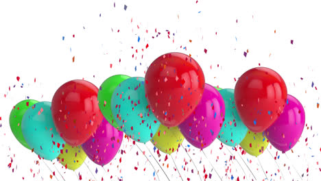 animación de confeti multicolor y globos sobre un fondo blanco
