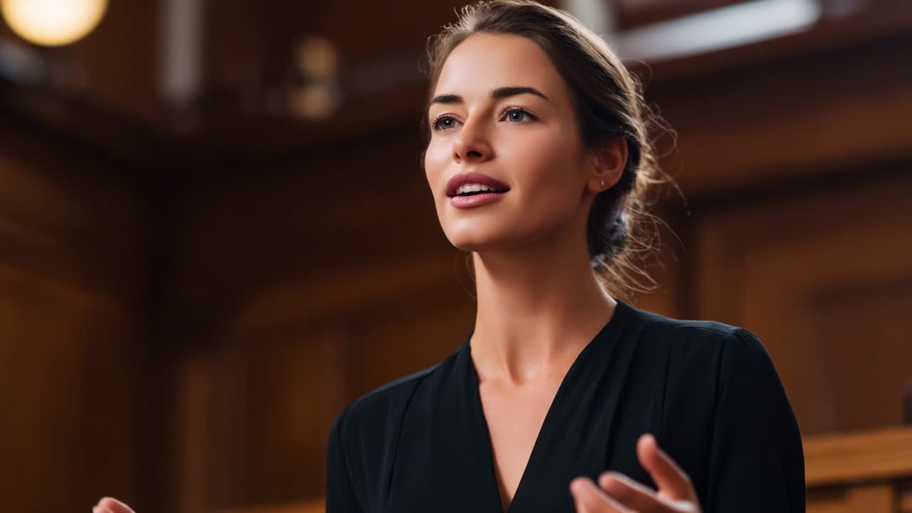 A Confident Woman Engaging in a Persuasive Dialogue in a Wooden Paneled Room, Expressing Conviction with Her Gestures and Poised Presence, Exuding Charisma and Authority in Her Discourse