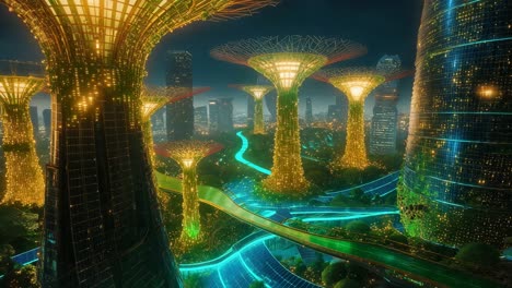 futuristic city at night with supertrees