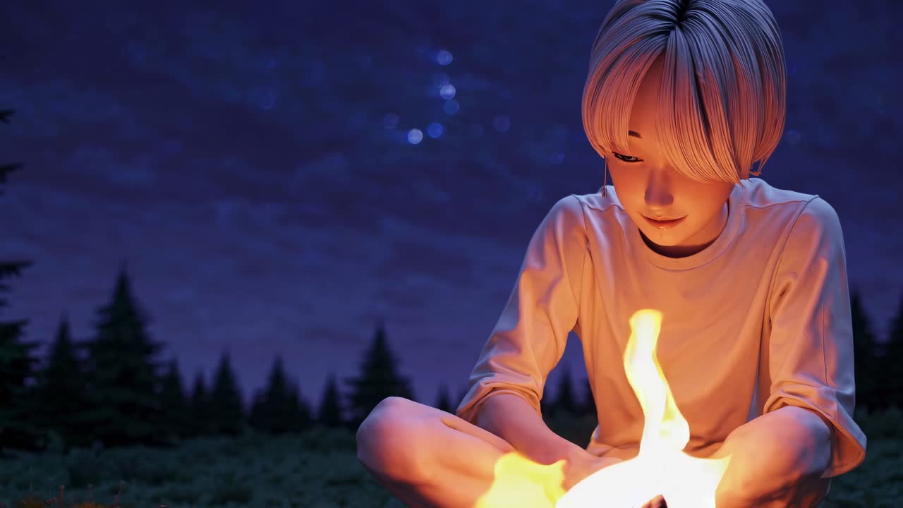 A serene night scene video with a low-angle view of a person tending a campfire under a starry sky