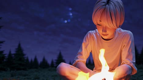 a serene night scene video with a low-angle view of a person tending a campfire under a starry sky