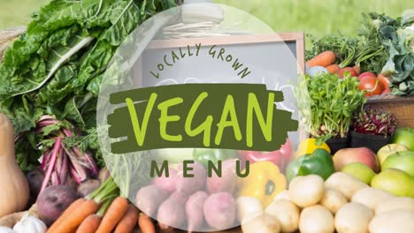 Animation-of-vegan-menu-text-in-green-over-freshly-harvested-organic-vegetables-outdoors