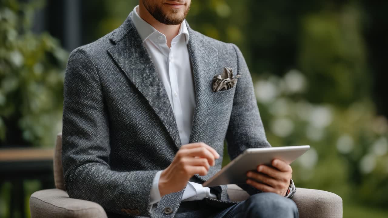 A Stylishly Dressed Man Engaged in Digital Interaction Outdoors, Showcasing a Blend of Modern Technology and Classic Fashion Elegance in an Inviting Environment