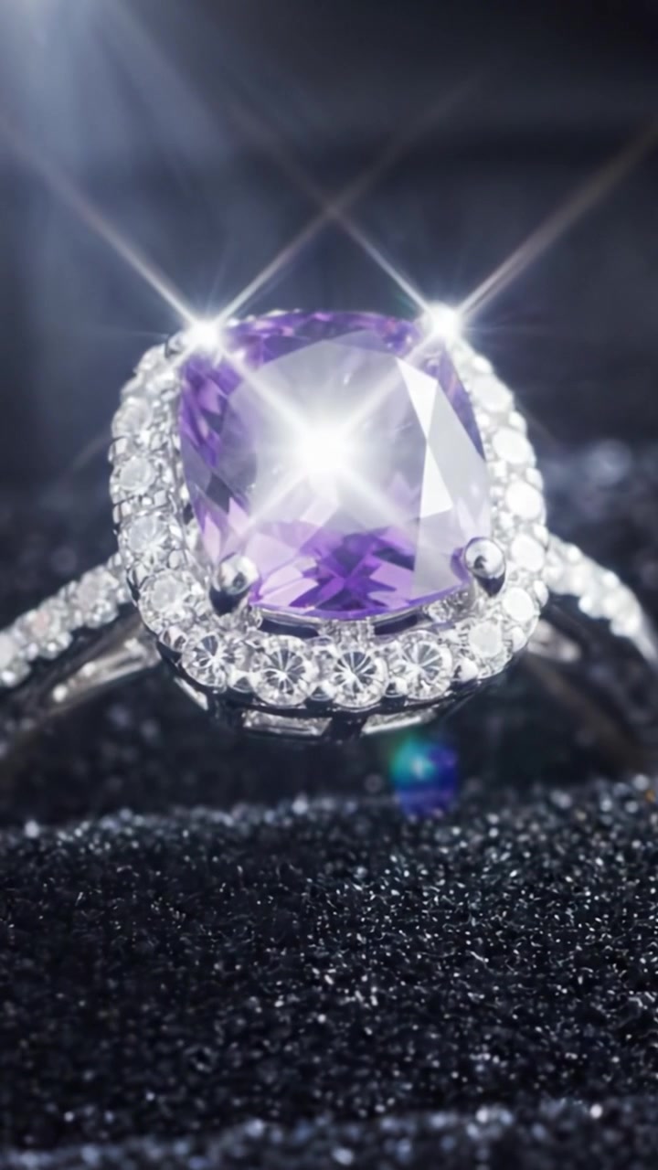 En fantastisk närbild av en elegant ametistring med gnistrande diamantdetaljer, som visar upp dess intrikata design och skönhet i varje detalj.