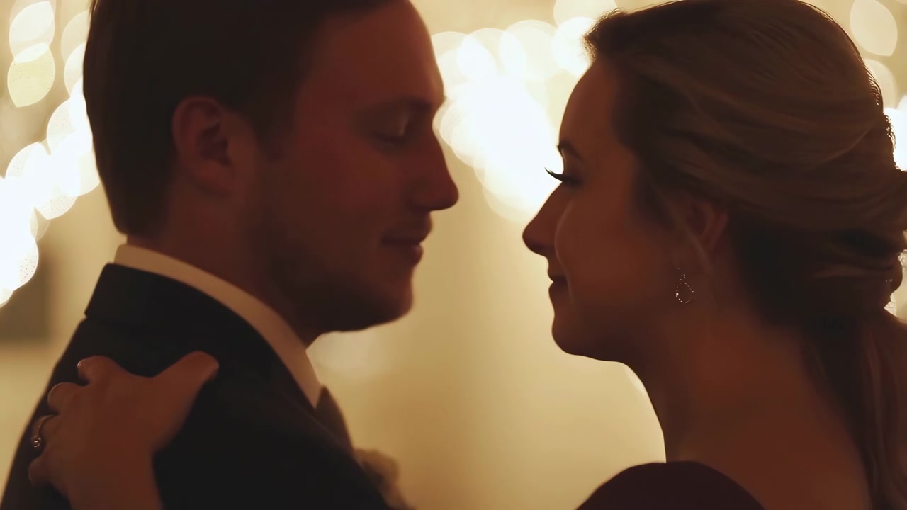 Close shoulder-level view of couple embracing at formal evening event, man in dark suit jacket with white shirt collar facing woman with low updo hair, visible hand resting on shoulder, warm bokeh