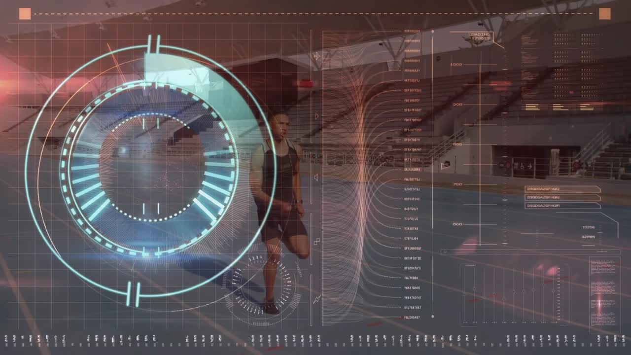 Animation of data processing over caucasian male runner