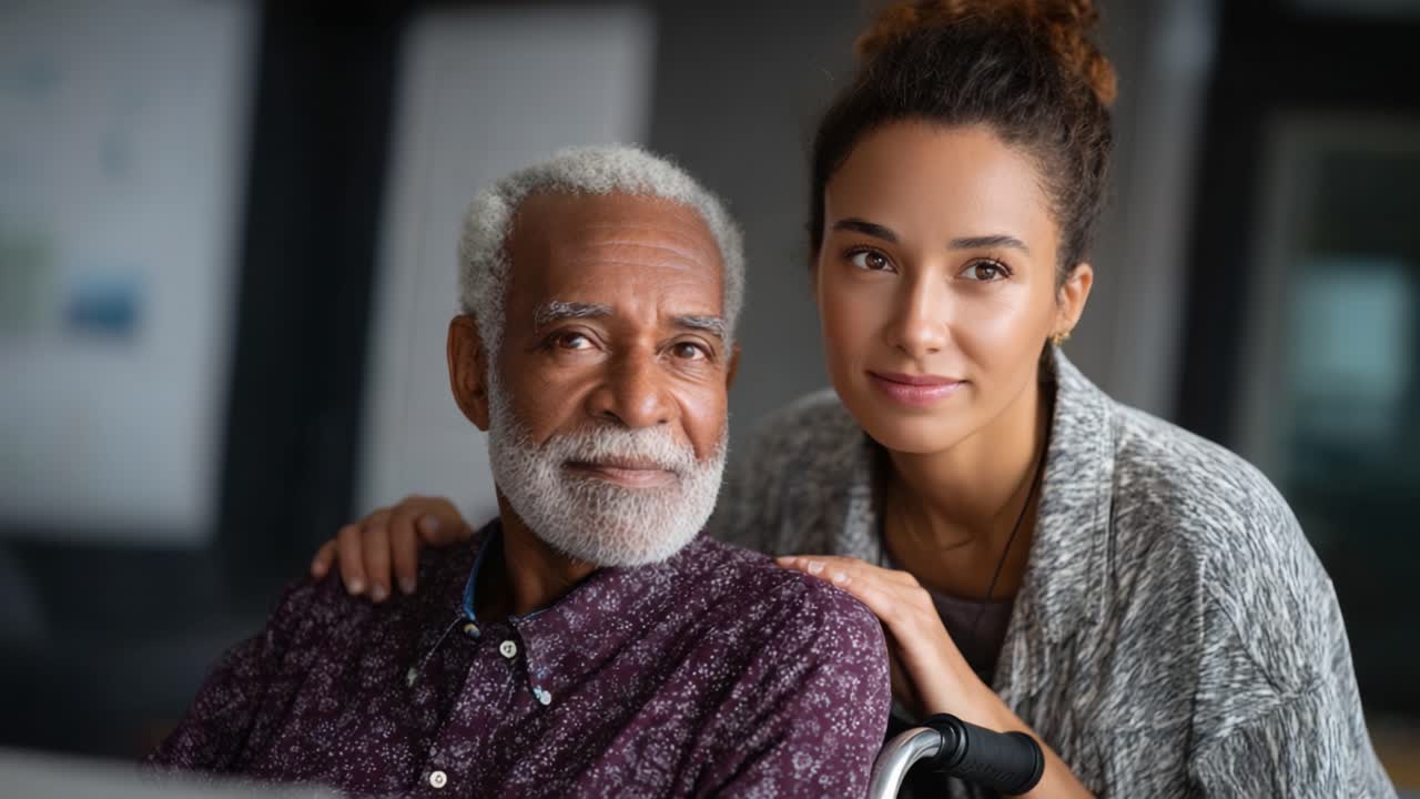 A touching moment between a caring young woman and an elderly man in a wheelchair; showcasing love, companionship, and the bond between generations