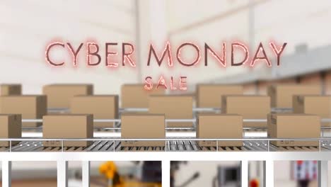 Animation-of-cyber-monday-sale-text-over-cardboard-boxes-on-conveyor-belts