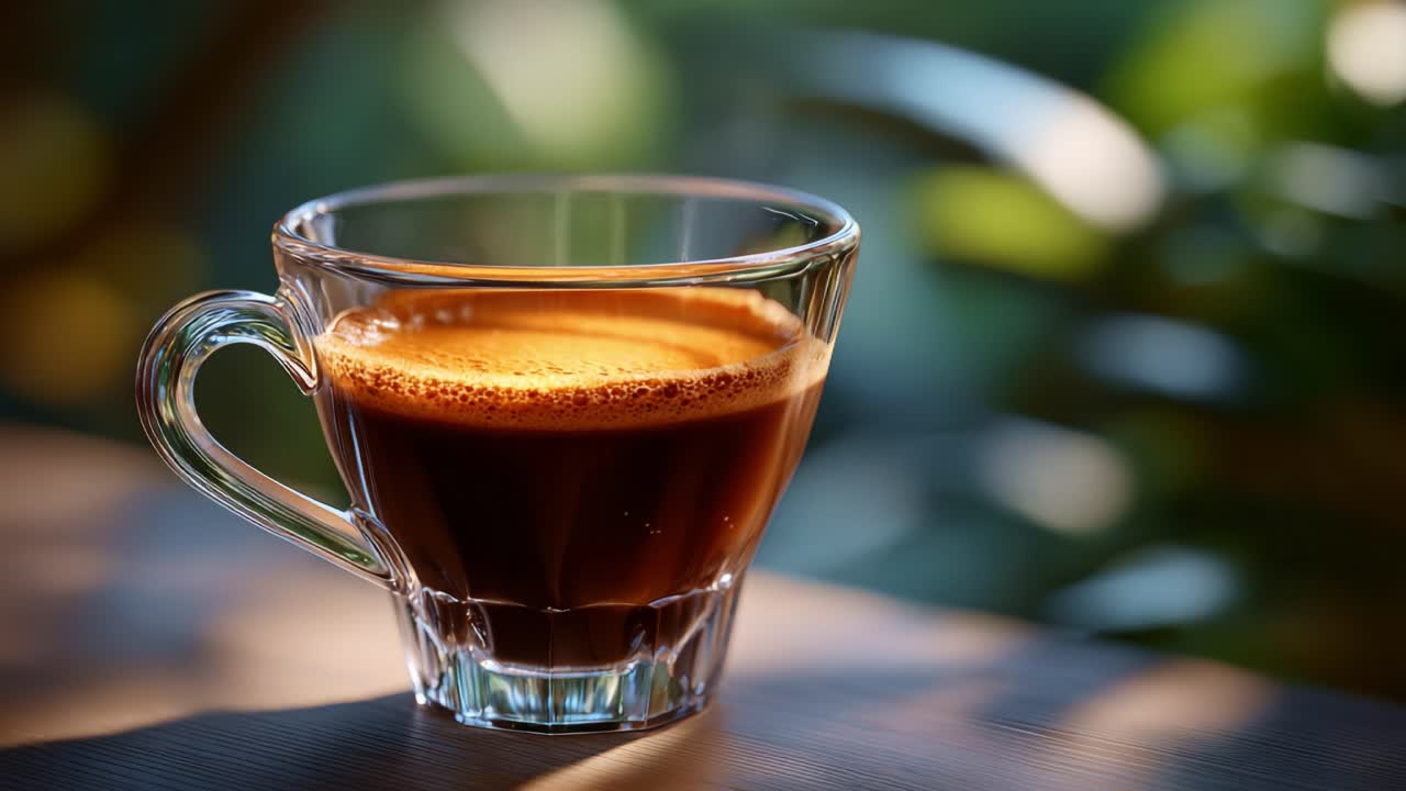 Um copo de café expresso rico e aromático com espuma cremosa em um ambiente natural tranquilo capturado em dois frames mostrando sua essência deliciosa