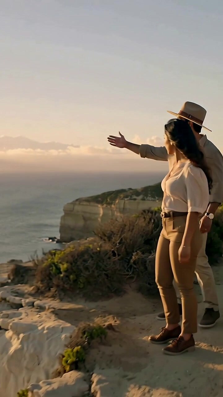 Video vertical: Mujer con blusa caminando y guiando a un grupo que llega a un borde, señalando el mar, junto a un hombre con sombrero.