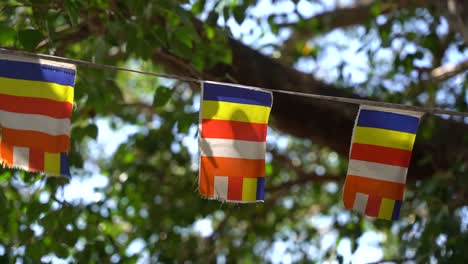 globally used buddhist flag dating from the 19th century as a universal symbol of buddism, quietly waves on a flag line in the wind near the dambulla cave temple in sri lanka. slowmo close up shot