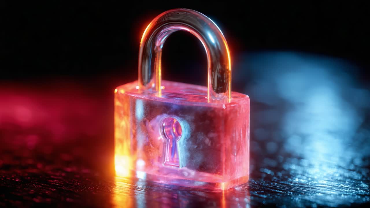 A Captivating Close-Up of a Colorful Transparent Padlock Gleaming Under Evocative Lighting, Showcasing Its Intricate Details and Symbolism of Security and Protection