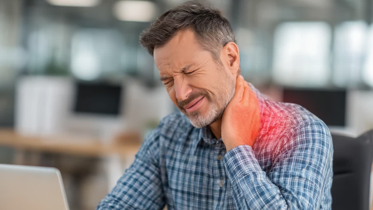 A man experiencing neck pain while sitting at a desk, showcasing the discomfort and strain associated with prolonged computer use in a modern office environment