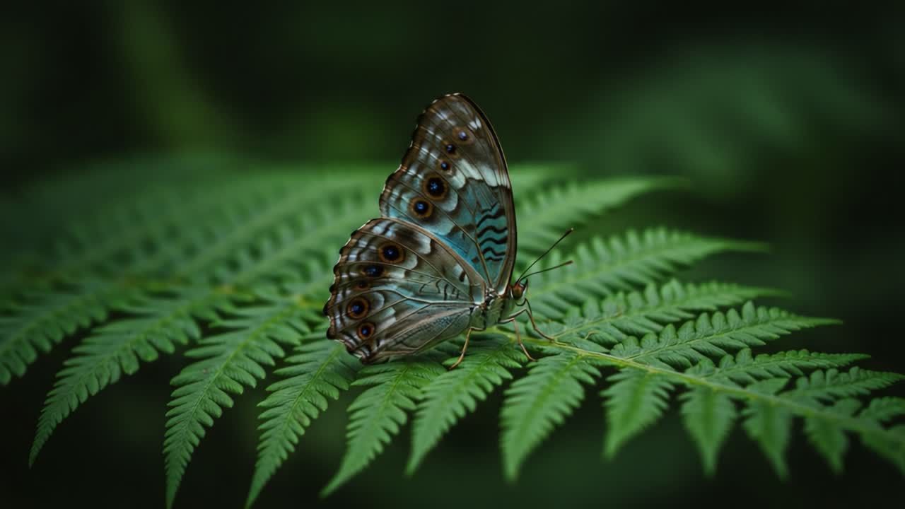 A Stunning Close-Up of a Butterfly Perched on a Fern Leaf, Capturing the Intricate Details of Its Wings and the Serenity of Nature's Beauty